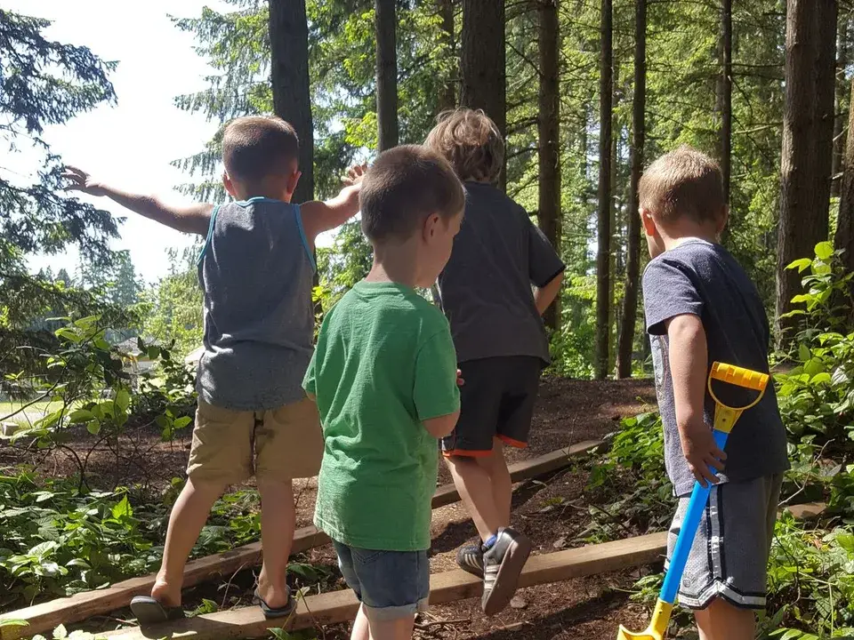Children exploring a wooded path among tall trees.