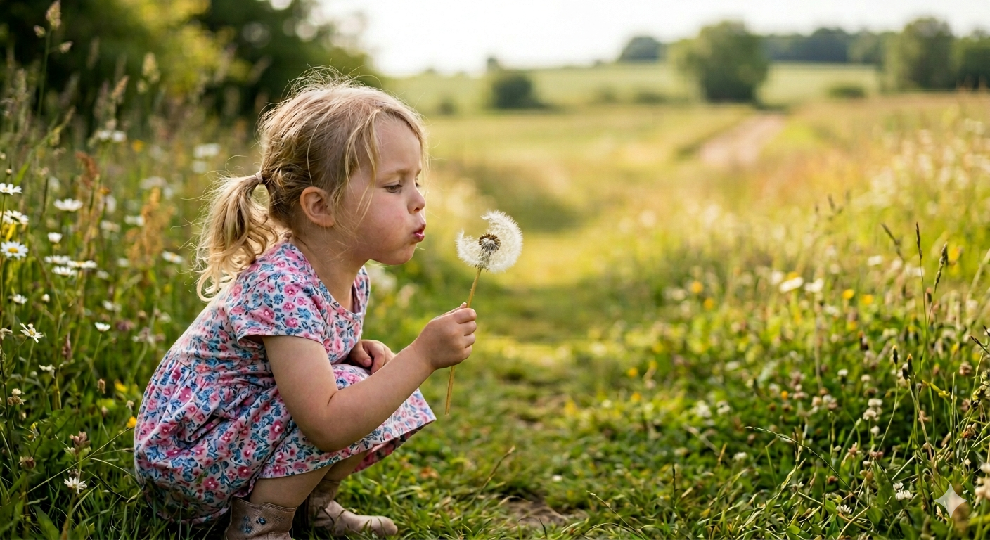 A child blowing the seeds from a dandelion in a sunlit meadow